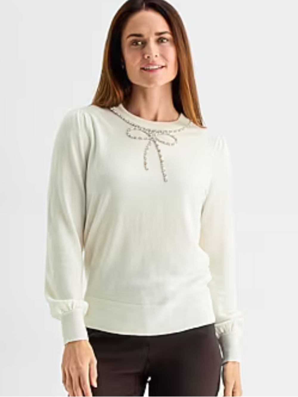 Liz Claiborne Womens Crew
Neck Embellished Long Sleeve 
Pullover Sweater Ivory
